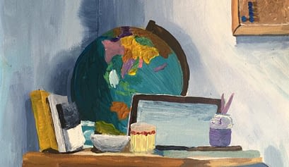 Alaska still life painting by Alaskan artist with globe, books, glass, bowl, and paint