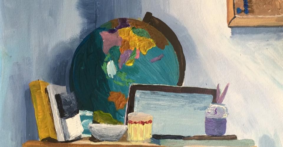 Alaska still life painting by Alaskan artist with globe, books, glass, bowl, and paint